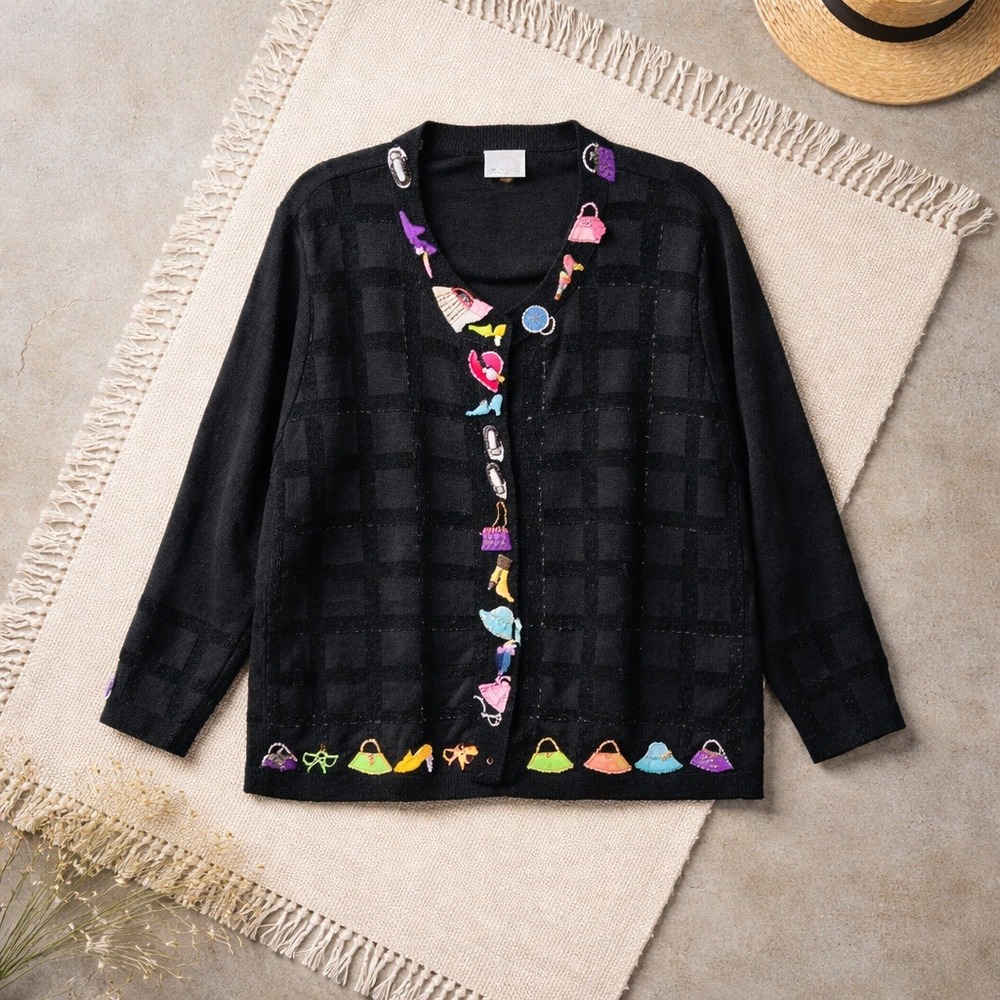 Berek Black Beaded Cardigan Sweater Womens‎ M Vintage Shoes Purses Embellished